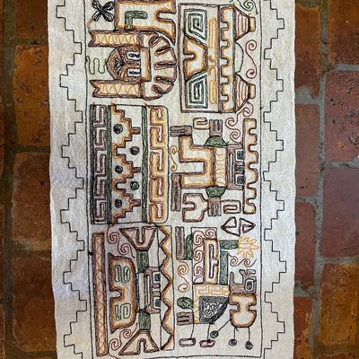 Peruvian Hand-Embroidered Moche Folk Art Textile Wall Hanging