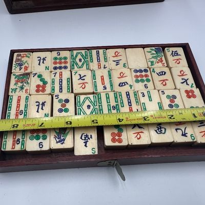 Antique Chinese Bone & Bamboo Mahjong Set in Wooden Cabinet