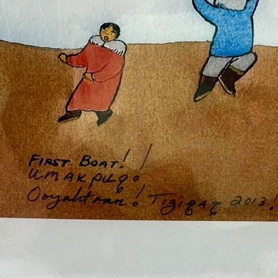 Ken Lisbourne “First Boat!” Signed Alaskan Iñupiaq Artwork – 2013