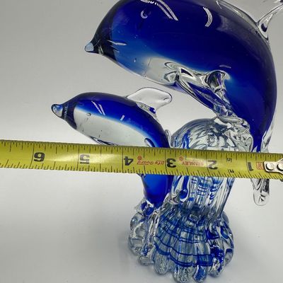 Art Glass Blue Dolphin Figurine – Pair on Waves