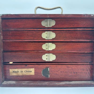 Antique Chinese Bone & Bamboo Mahjong Set in Wooden Cabinet
