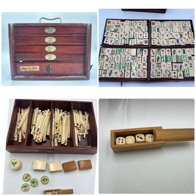 Antique Chinese Bone & Bamboo Mahjong Set in Wooden Cabinet