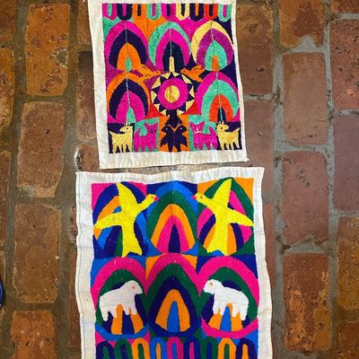 Pair of Guatemalan Hand-Embroidered Folk Art Textile Panel