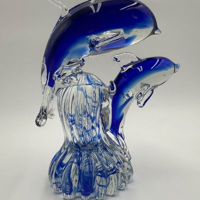 Art Glass Blue Dolphin Figurine – Pair on Waves