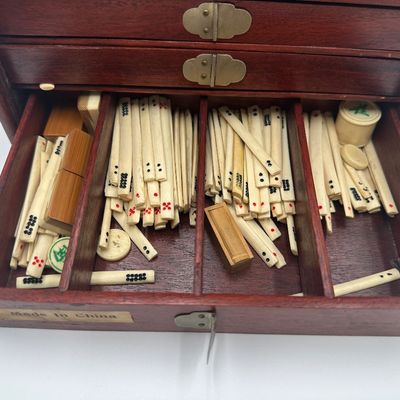 Antique Chinese Bone & Bamboo Mahjong Set in Wooden Cabinet