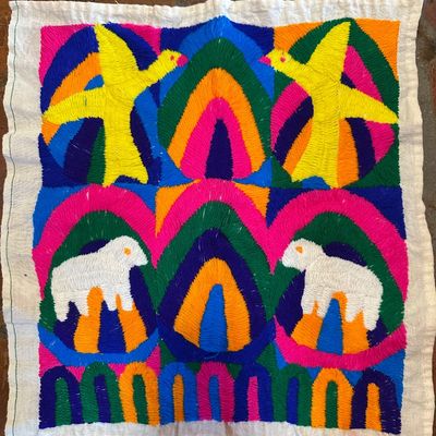 Pair of Guatemalan Hand-Embroidered Folk Art Textile Panel