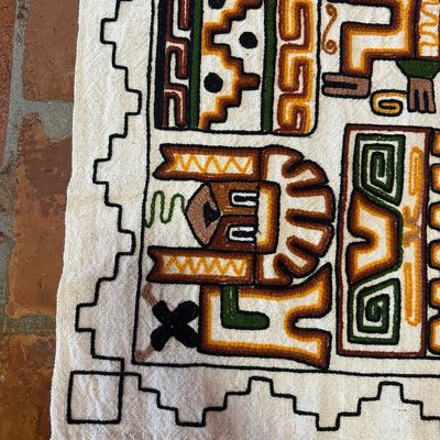 Peruvian Hand-Embroidered Moche Folk Art Textile Wall Hanging