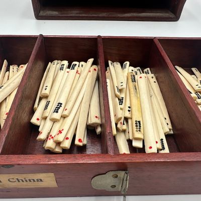 Antique Chinese Bone & Bamboo Mahjong Set in Wooden Cabinet