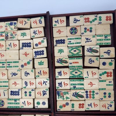 Antique Chinese Bone & Bamboo Mahjong Set in Wooden Cabinet