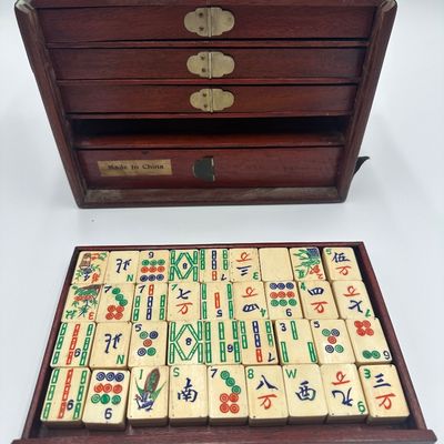 Antique Chinese Bone & Bamboo Mahjong Set in Wooden Cabinet