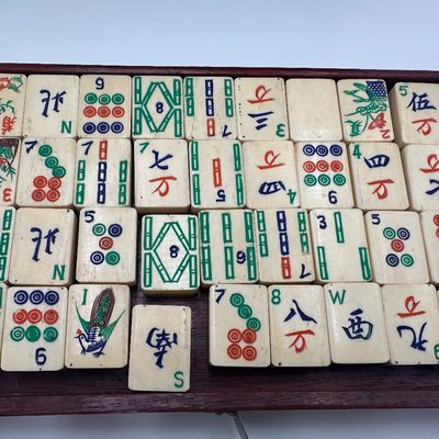 Antique Chinese Bone & Bamboo Mahjong Set in Wooden Cabinet