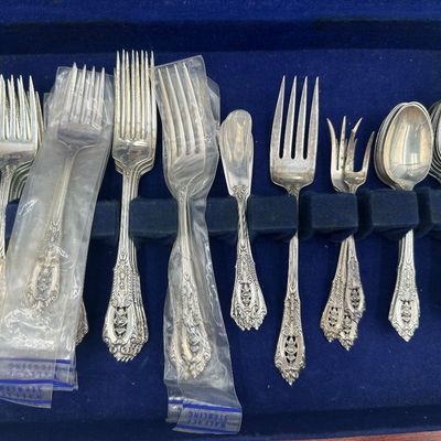 Wallace Rose Point Sterling Silver Flatware Service with Serving Pieces & Chest