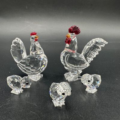 Swarovski Crystal Rooster, Hen & 3 Chicks