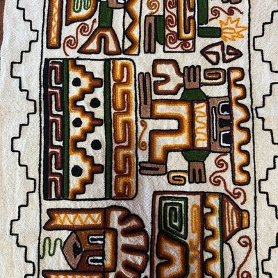 Peruvian Hand-Embroidered Moche Folk Art Textile Wall Hanging