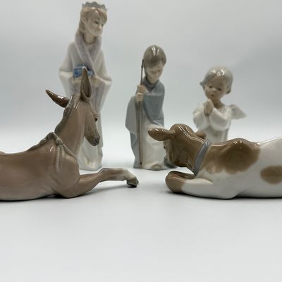 Lladro Nativity Figurine Set with Donkey, Cow, Angel & Shepherd