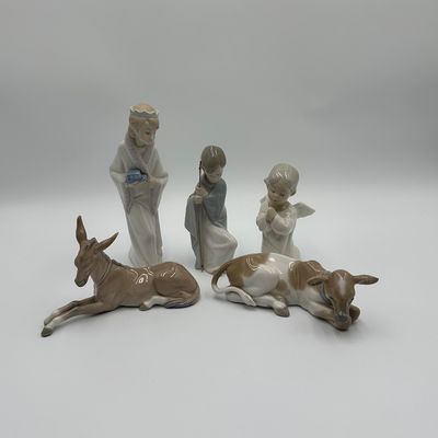 Lladro Nativity Figurine Set with Donkey, Cow, Angel & Shepherd