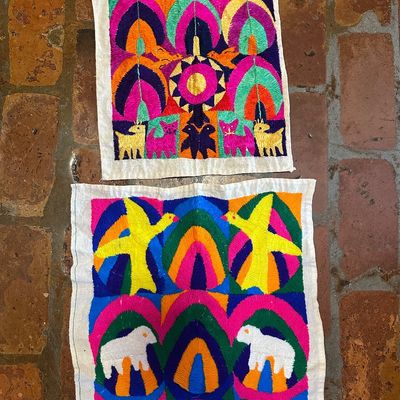 Pair of Guatemalan Hand-Embroidered Folk Art Textile Panel