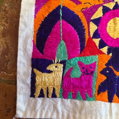 Pair of Guatemalan Hand-Embroidered Folk Art Textile Panel