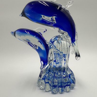 Art Glass Blue Dolphin Figurine – Pair on Waves