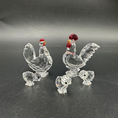 Swarovski Crystal Rooster, Hen & 3 Chicks