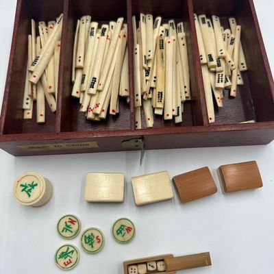 Antique Chinese Bone & Bamboo Mahjong Set in Wooden Cabinet