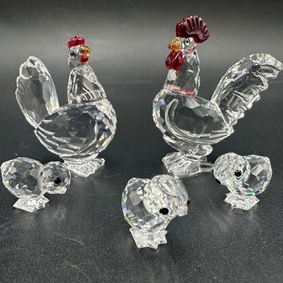 Swarovski Crystal Rooster, Hen & 3 Chicks