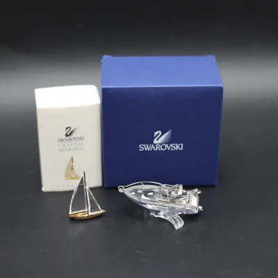 Swarovski Crystal Memories Sailboat & Power Boat Figurines with Boxes