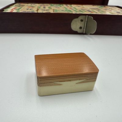 Antique Chinese Bone & Bamboo Mahjong Set in Wooden Cabinet