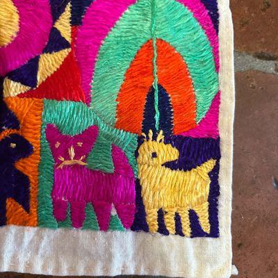 Pair of Guatemalan Hand-Embroidered Folk Art Textile Panel