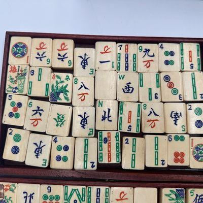 Antique Chinese Bone & Bamboo Mahjong Set in Wooden Cabinet