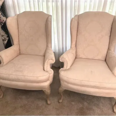 2 Vintage Queen Anne Style Wingback Armchairs Cream
