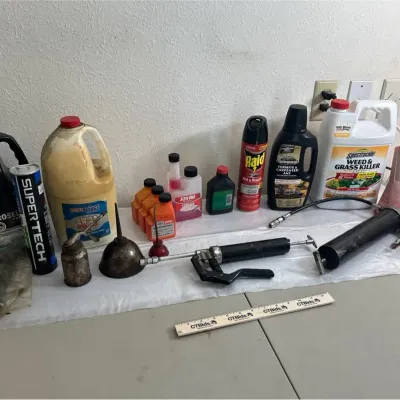Garage Lubricants, Pesticides - Grease, Grease Gun, Raid, Oil++++