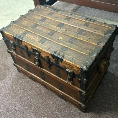 Antique White Pine Wood Slat-Top Steamer Trunk 34x21x24