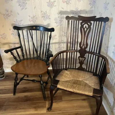 Vintage Wood L Hitchcock & Woven Rush Windsor Armchairs 