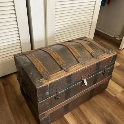 Antique Dome Top Wood & Brass Trunk Chest 