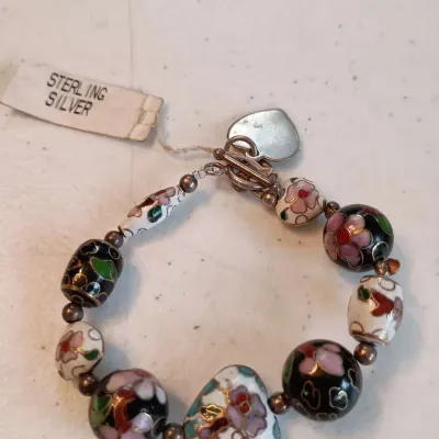 Vintage Sterling 925 Cloisonne Bracelet W/ Heart, 7"