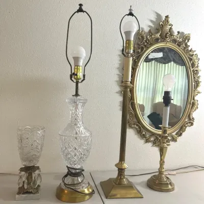 Vintage Brass & Glass Lot - Lamps & Wall Mirror 