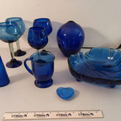 Vintage Cobalt Blue Glass - Leaf Bowl, Hand Blown Glasses, Vase++