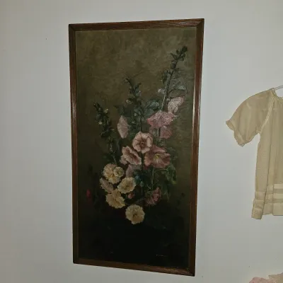 Sale Photo Thumbnail #77: Antique oil on canvas Hollyhocks