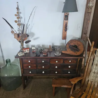 Sale Photo Thumbnail #131: Antique Bellows and Vintage Apothecary Chest