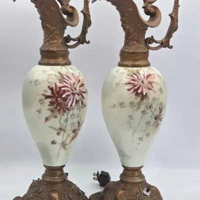 Pair of Victorian Style Ewer Mantel Metal & Hand-Painted Glass Lamps