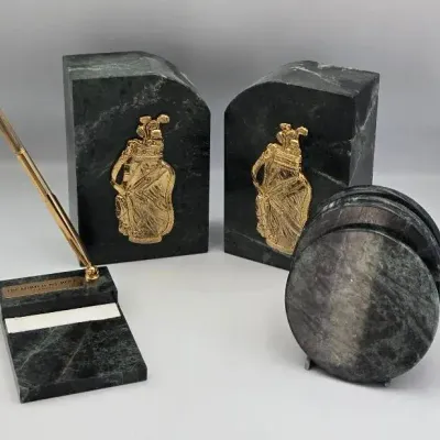 Green Marble Desk Set: Golf Bag Bookends, Coasters, Pen Holder