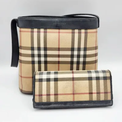 Burberry Designer Check Bucket Shoulder Bag, Long Wallet, & OG Shopping bag