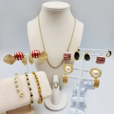 Gold Tone Vintage Jewelry Lot: Trifari, Monet