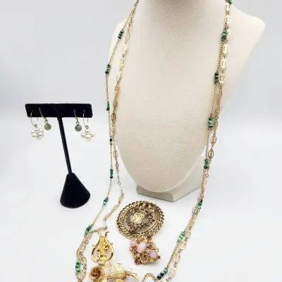 Gold Tone Vintage Jewelry Lot: Art deco Style Layered Necklace, Stone Earrings, Brooches