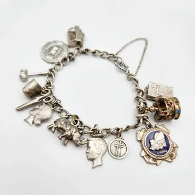 Vintage 60s Sweetheart Silver Charm Bracelet: Sterling, 800 Silver, Unmarked Charms - 35.3g 