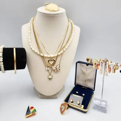Gold Tone Vintage Jewelry Lot: Trifari, Avon, Mother Of Pearl