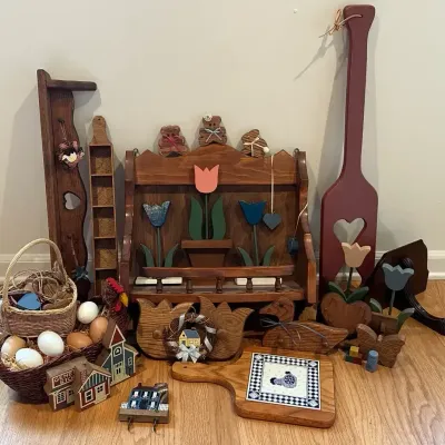Vintage Cottage Core Wooden Decor Lot: Heart Shelf, Duck Hook, Tulips, & More