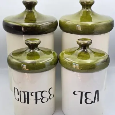 Vintage 60s or 70s Holiday Designs Ceramic Canister Set of 4, Green Mushroom Lids