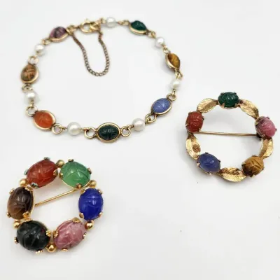Egyptian Revival Vintage Scarab Jewelry, Burt Cassell, 12k GF